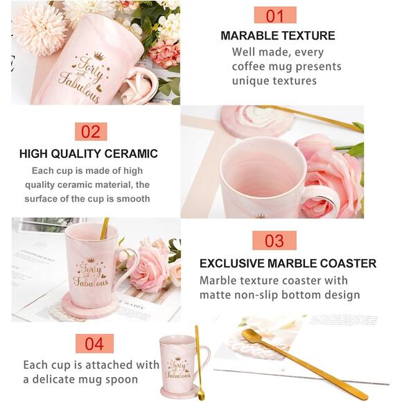 YHRJWN Forty and‎ Fabulous Mug Cup with Coaster and Spoon Pink Marble and Gold - Picture 5 of 6